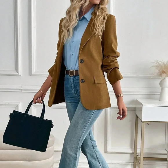 Jackets & Blazers - Brown Casual Women's Lapel Faux Pocket Decor Blazer